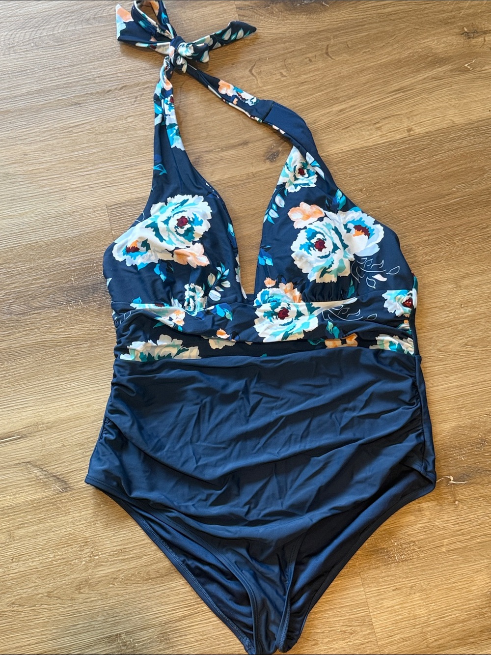 Cupshe Navy Floral Halter One-Piece Swimsuit
